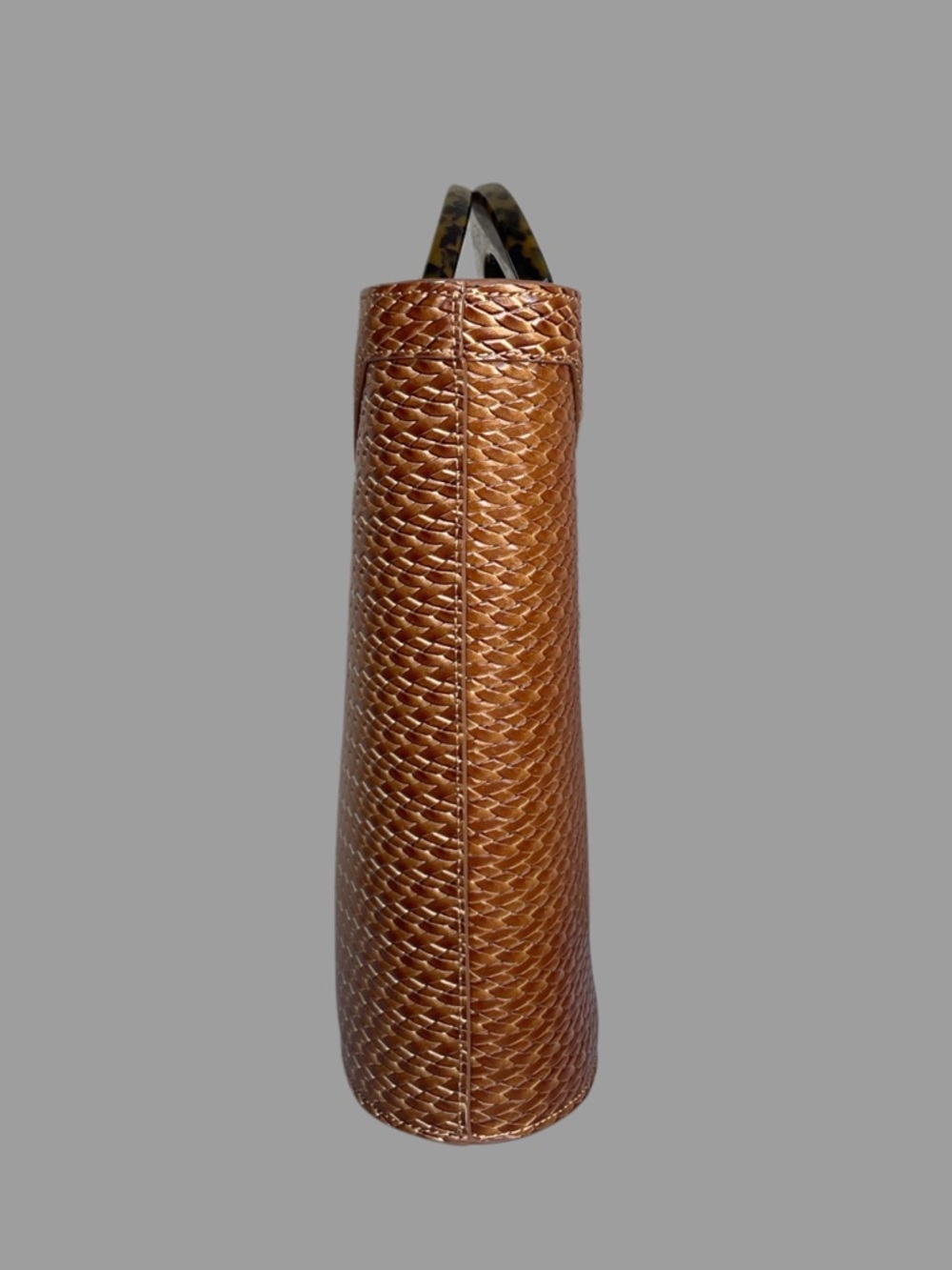 USISI SISTER Brown Woven Leather Tortoise Resin Handle Rollo Bucket Tote Bag - Picture 7 of 15